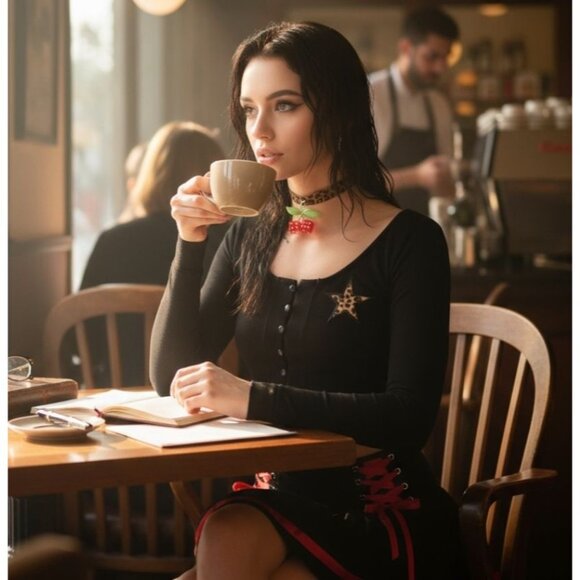 Cardigan – Current Mood – Black – On The Nod Cropped Scoop Neck Leopard Star S - Picture 2 of 2